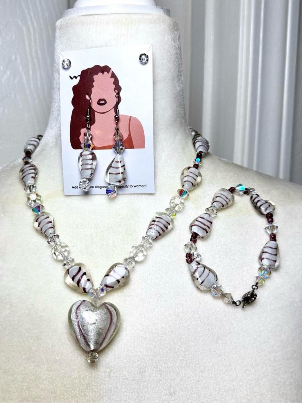 White and Silver Heart Pendant Necklace & Bracelet Set - Women Jewelry